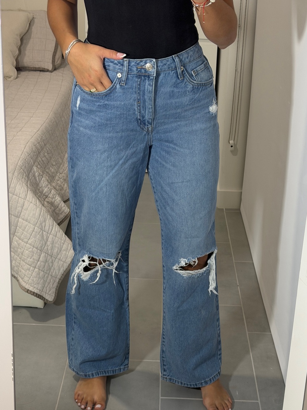 High-Rise Distressed Wide-Leg Women's Jeans - Blue